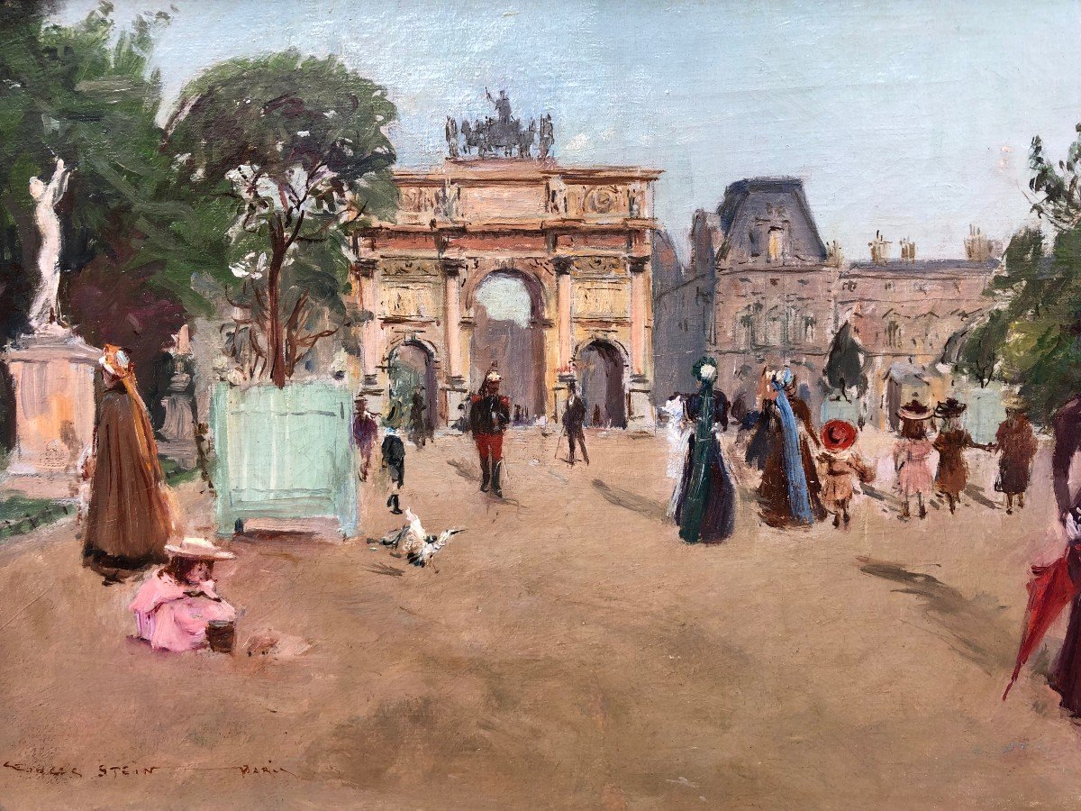 Stein Georges Paris Animation At The Arc De Triomphe From The Carrousel Du Louvre Oil On Canvas Signed-photo-3
