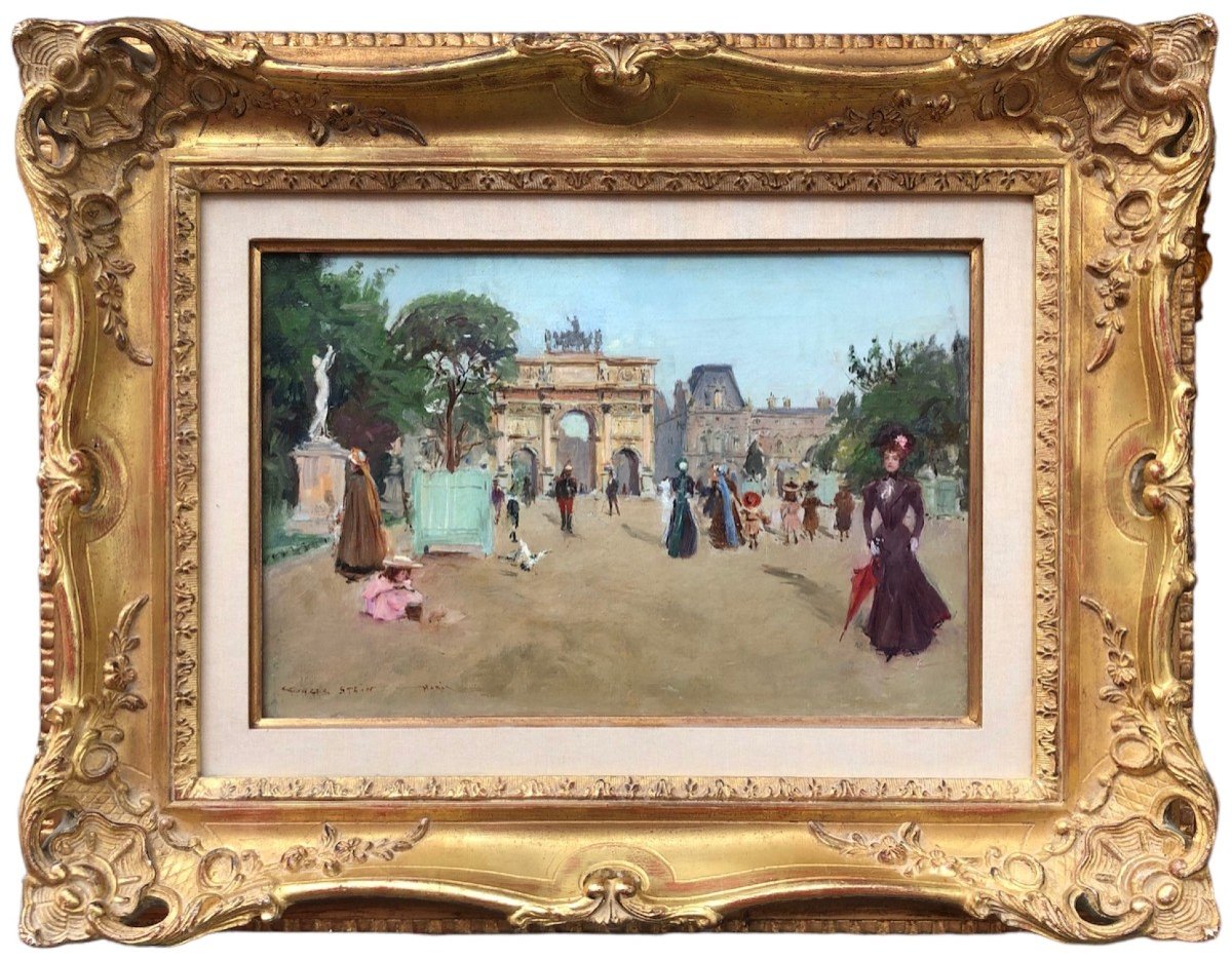 Stein Georges Paris Animation At The Arc De Triomphe From The Carrousel Du Louvre Oil On Canvas Signed