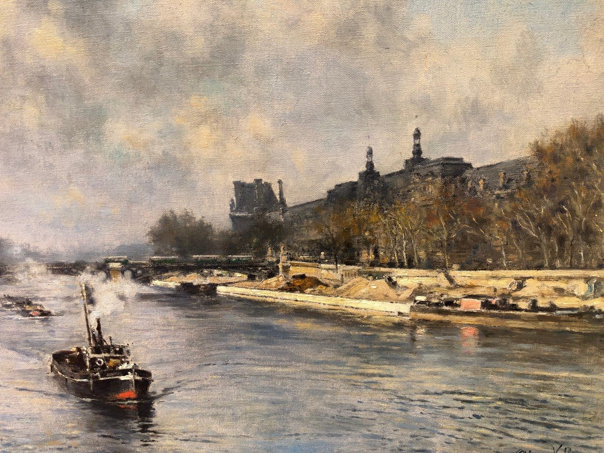 Vollon Alexis Painting Early 20th Paris Tugboat On The Seine Oil Signed Certificate-photo-4