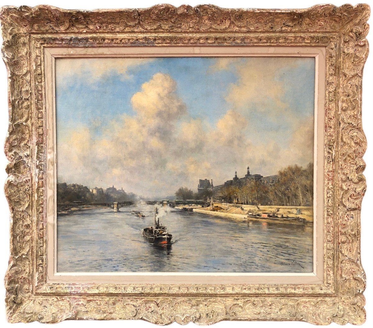 Vollon Alexis Painting Early 20th Paris Tugboat On The Seine Oil Signed Certificate-photo-7