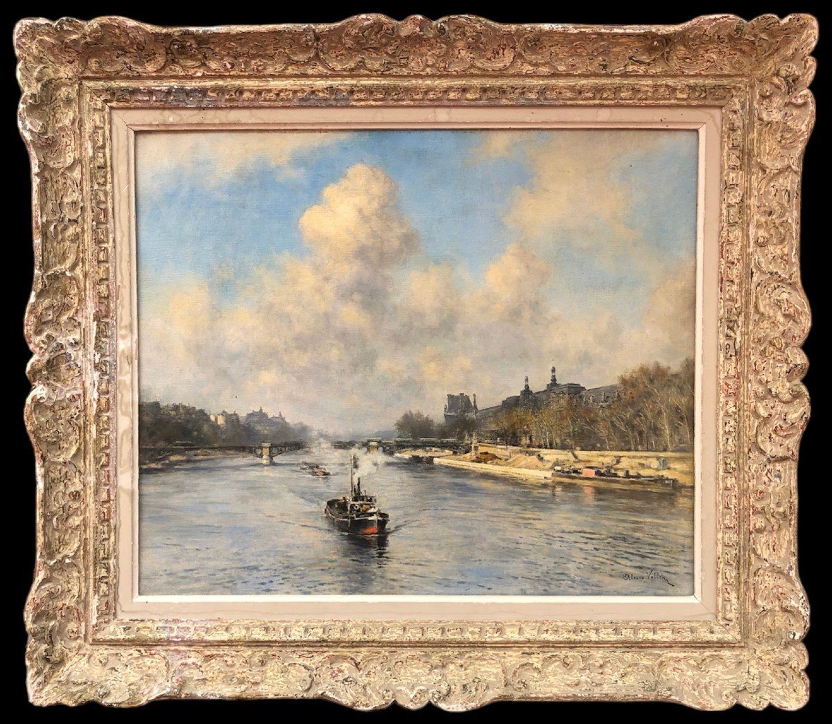 Vollon Alexis Painting Early 20th Paris Tugboat On The Seine Oil Signed Certificate