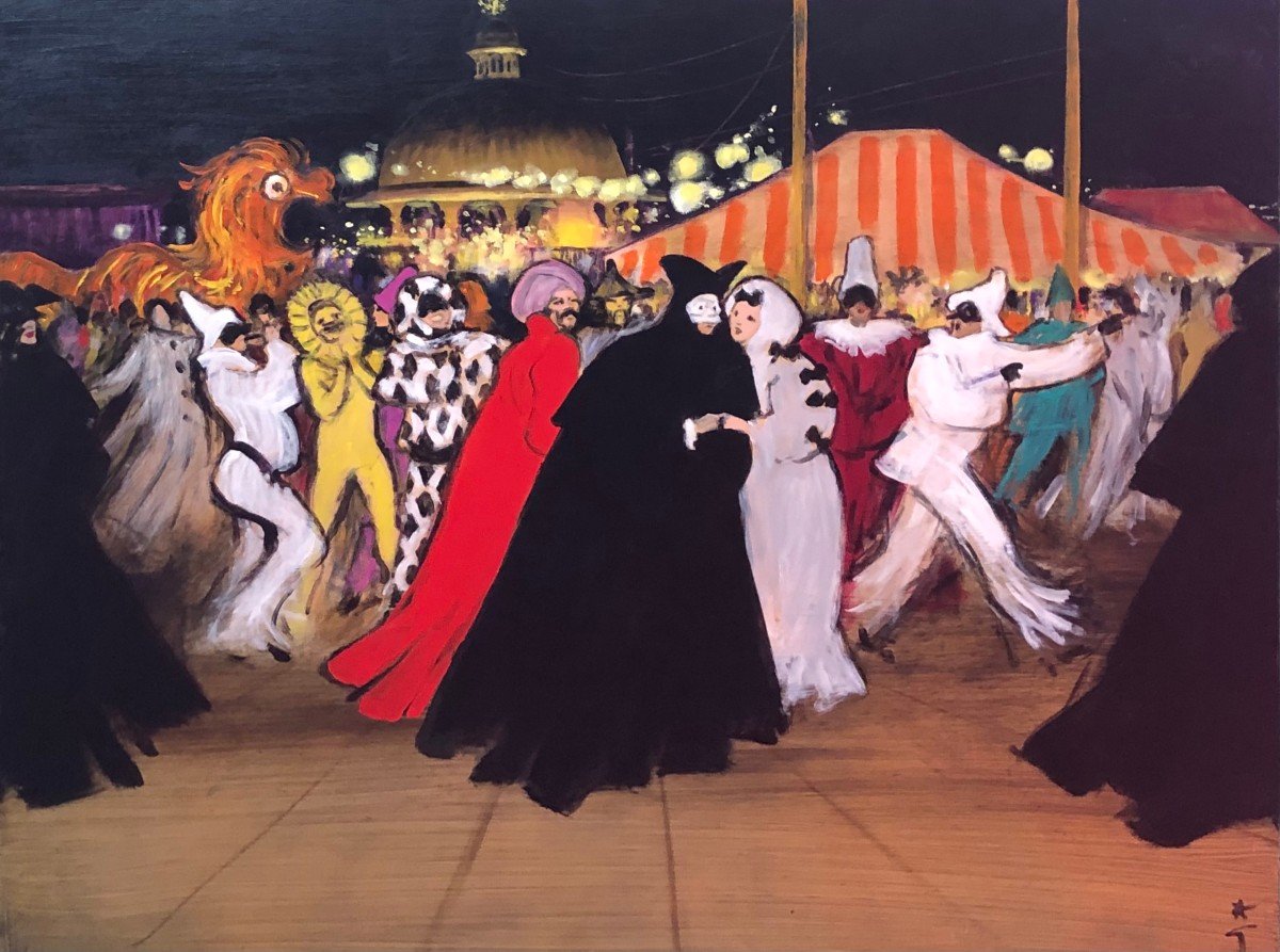 Gruau René French School Venice Carnival Oil On Canvas Signed Certificate Of Authenticity-photo-2