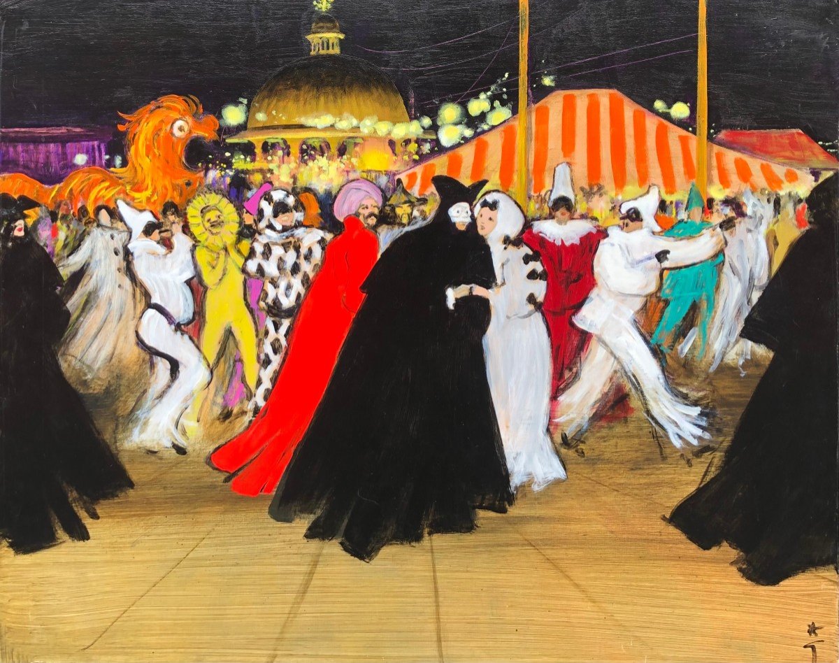 Gruau René French School Venice Carnival Oil On Canvas Signed Certificate Of Authenticity-photo-4