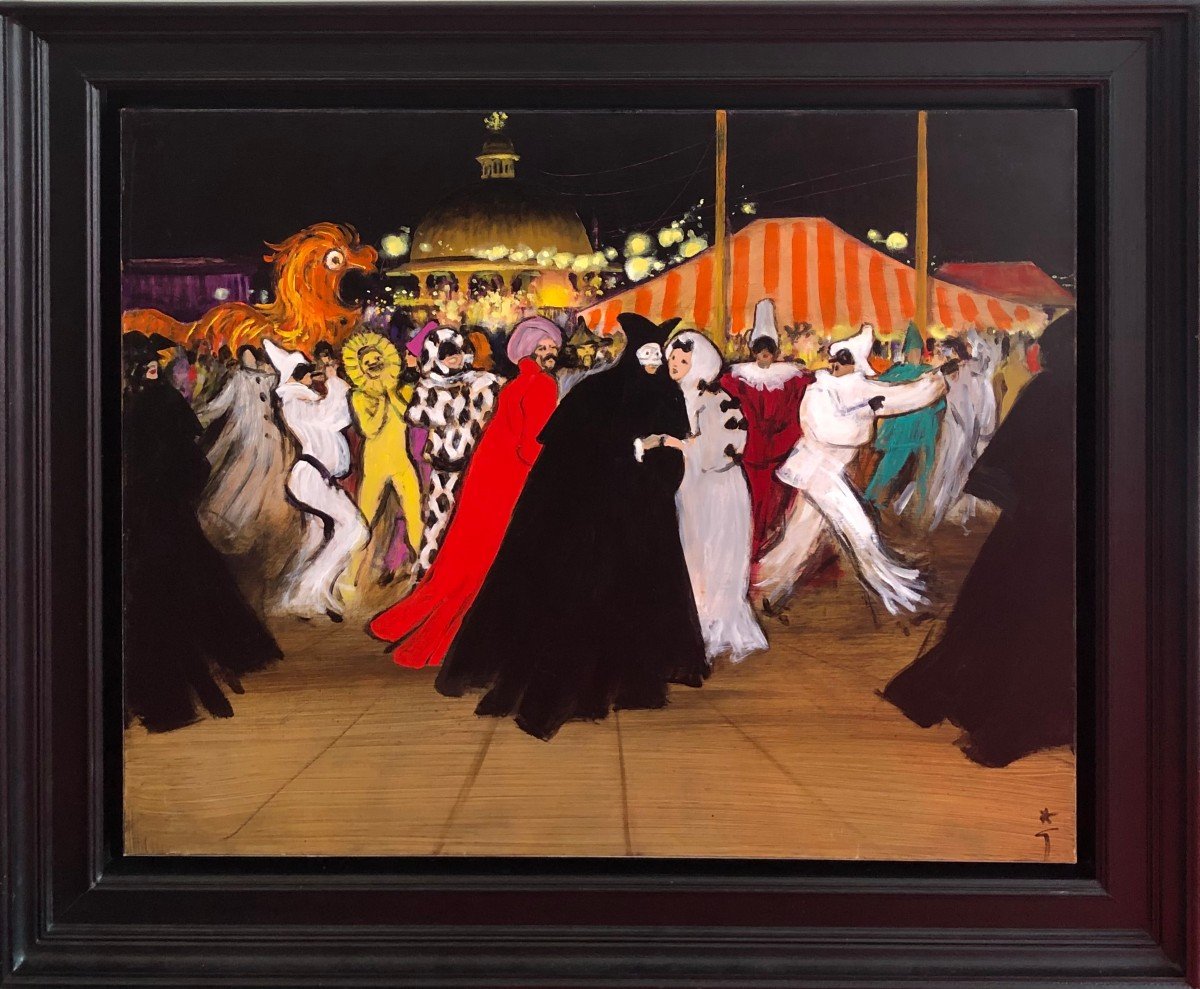 Gruau René French School Venice Carnival Oil On Canvas Signed Certificate Of Authenticity