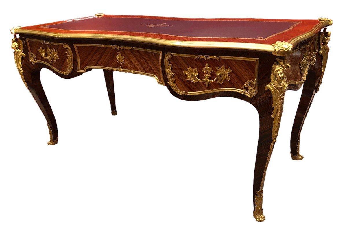 Flat Desk Signed Dissidi Louis XV Style Rosewood Veneer Violet Wood 3 Drawers-photo-2