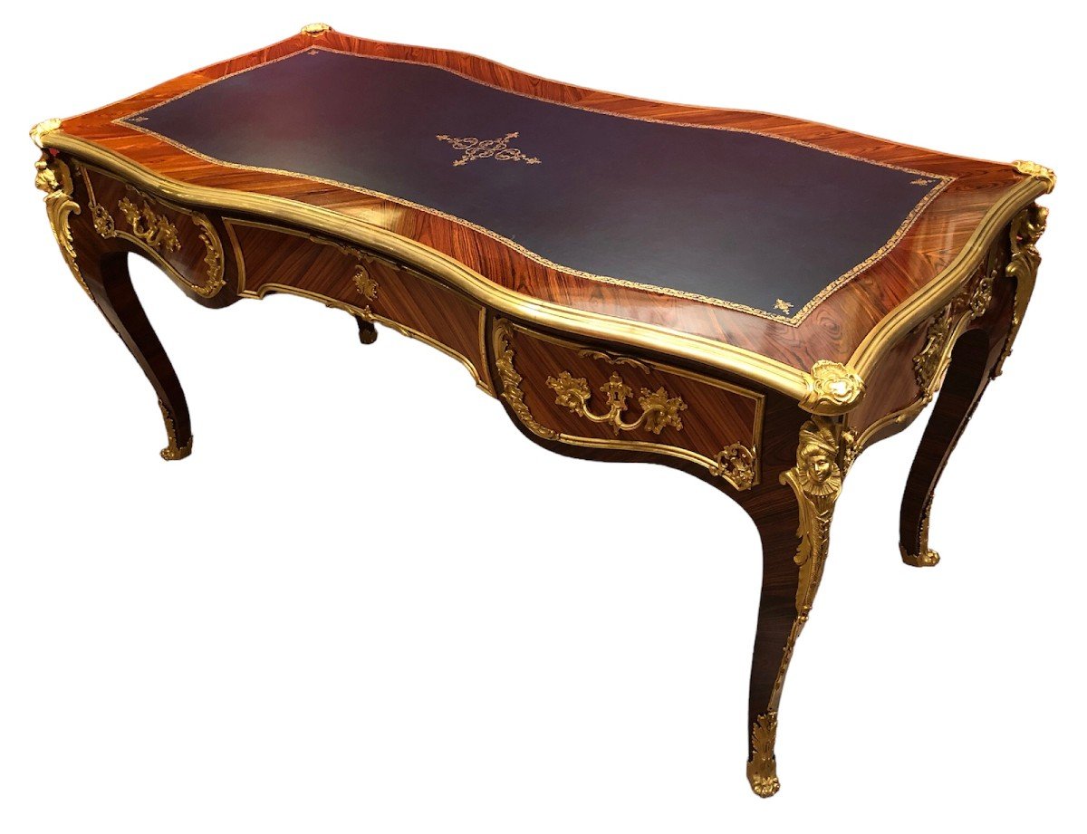 Flat Desk Signed Dissidi Louis XV Style Rosewood Veneer Violet Wood 3 Drawers-photo-3