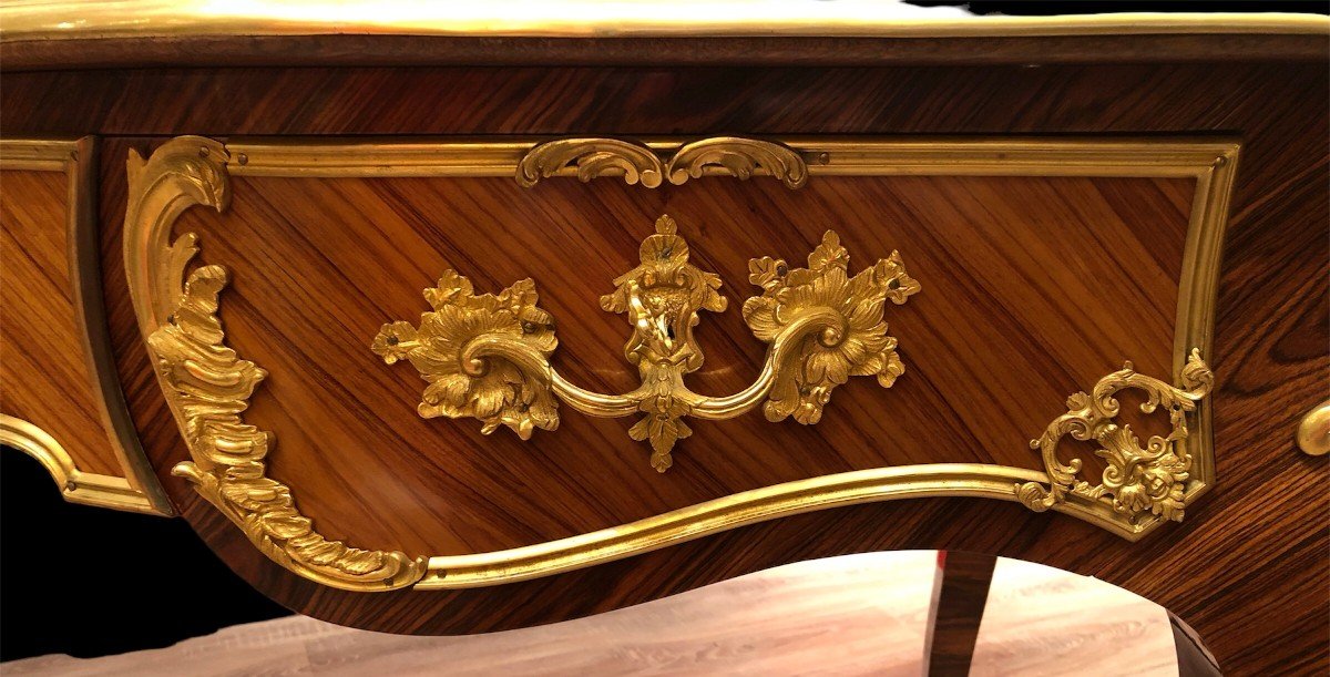 Flat Desk Signed Dissidi Louis XV Style Rosewood Veneer Violet Wood 3 Drawers-photo-1