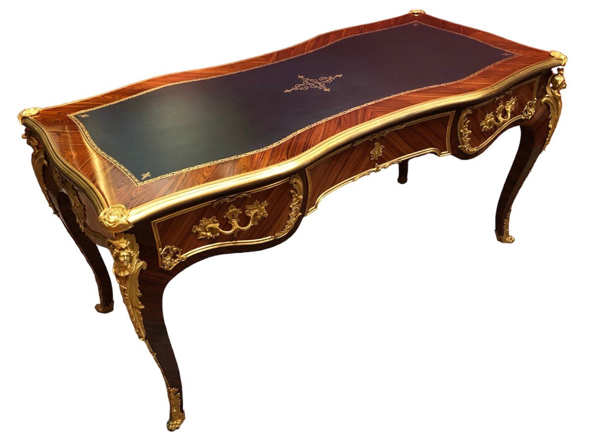 Flat Desk Signed Dissidi Louis XV Style Rosewood Veneer Violet Wood 3 Drawers-photo-2