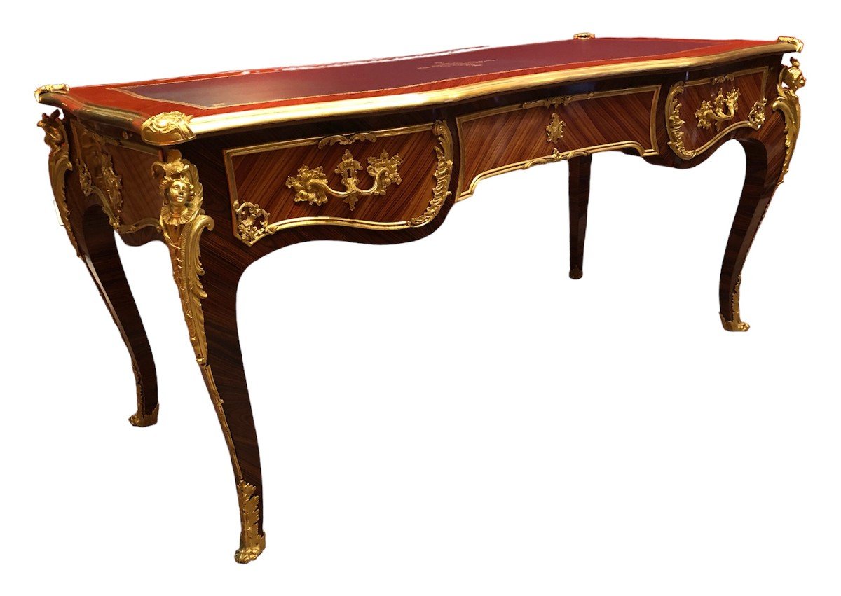 Flat Desk Signed Dissidi Louis XV Style Rosewood Veneer Violet Wood 3 Drawers-photo-3