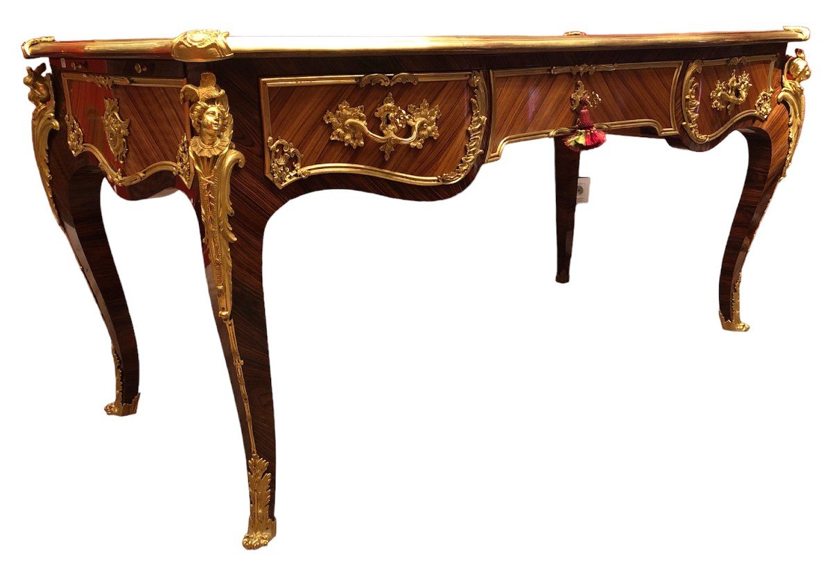 Flat Desk Signed Dissidi Louis XV Style Rosewood Veneer Violet Wood 3 Drawers-photo-4