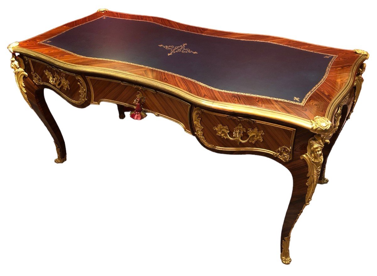 Flat Desk Signed Dissidi Louis XV Style Rosewood Veneer Violet Wood 3 Drawers-photo-5