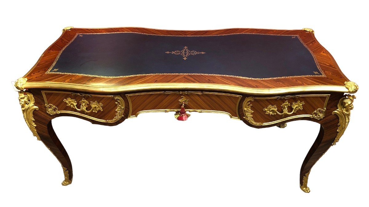 Flat Desk Signed Dissidi Louis XV Style Rosewood Veneer Violet Wood 3 Drawers-photo-7