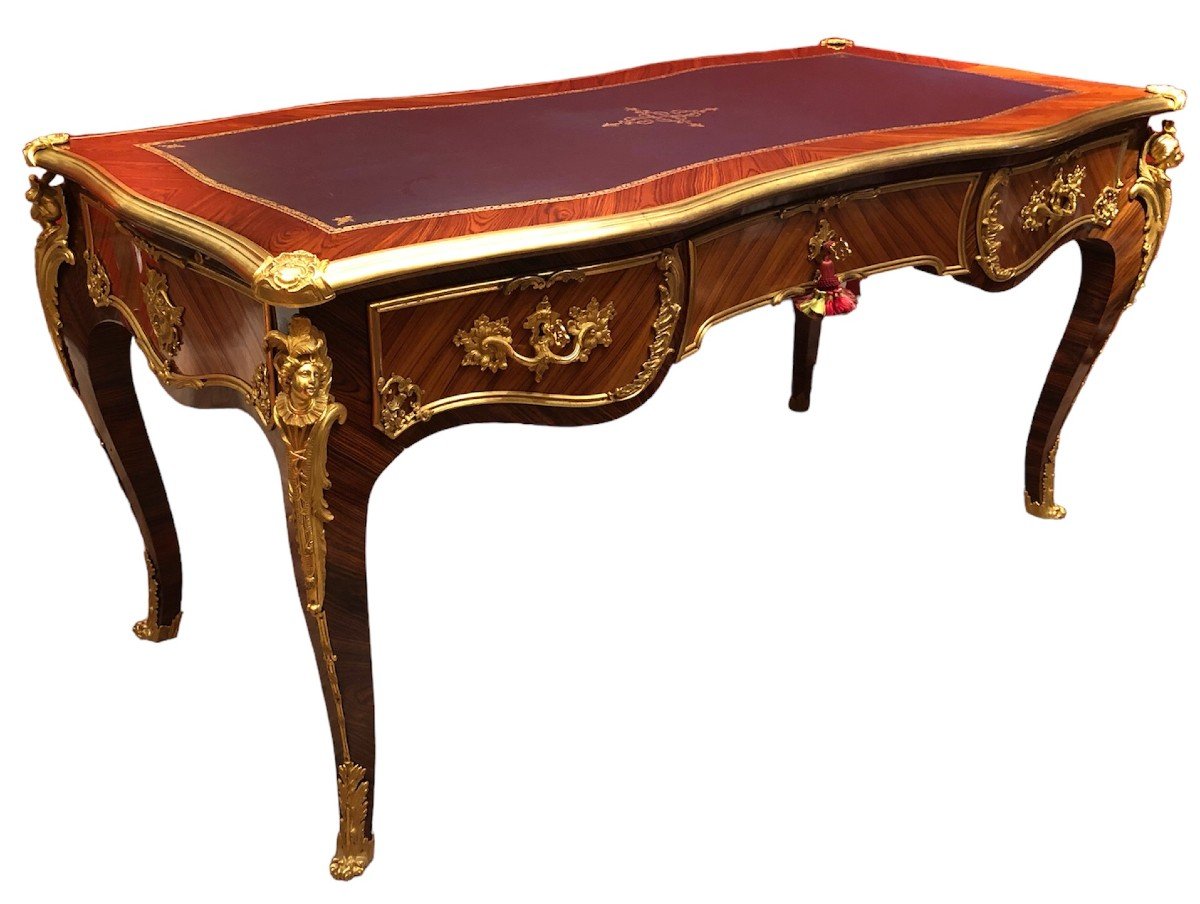 Flat Desk Signed Dissidi Louis XV Style Rosewood Veneer Violet Wood 3 Drawers-photo-8