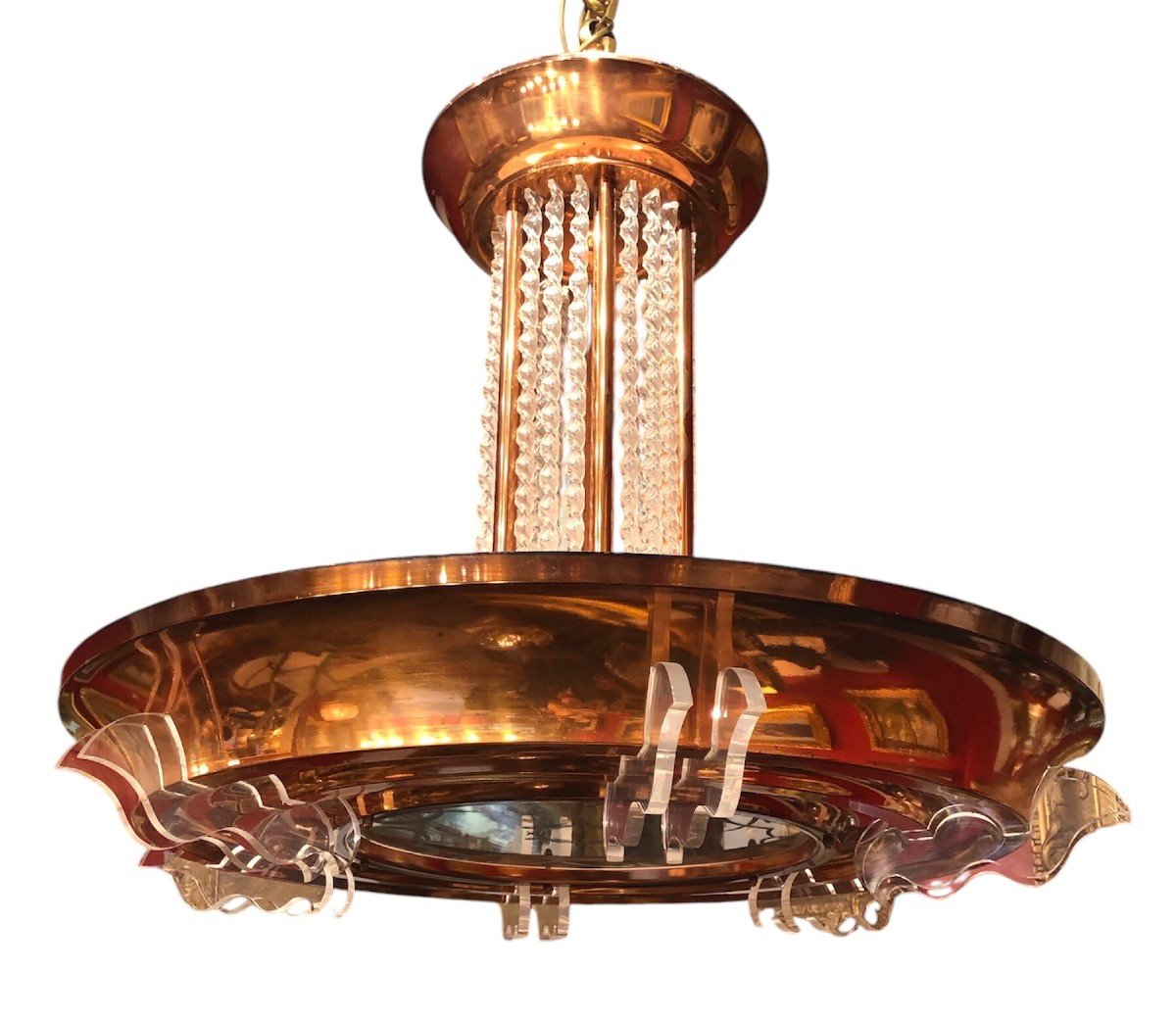 Lustre Art Déco En Métal Cuivré Pendeloques 6 Lumières Années 1950-photo-3