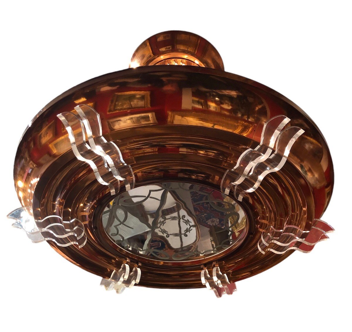 Lustre Art Déco En Métal Cuivré Pendeloques 6 Lumières Années 1950-photo-4