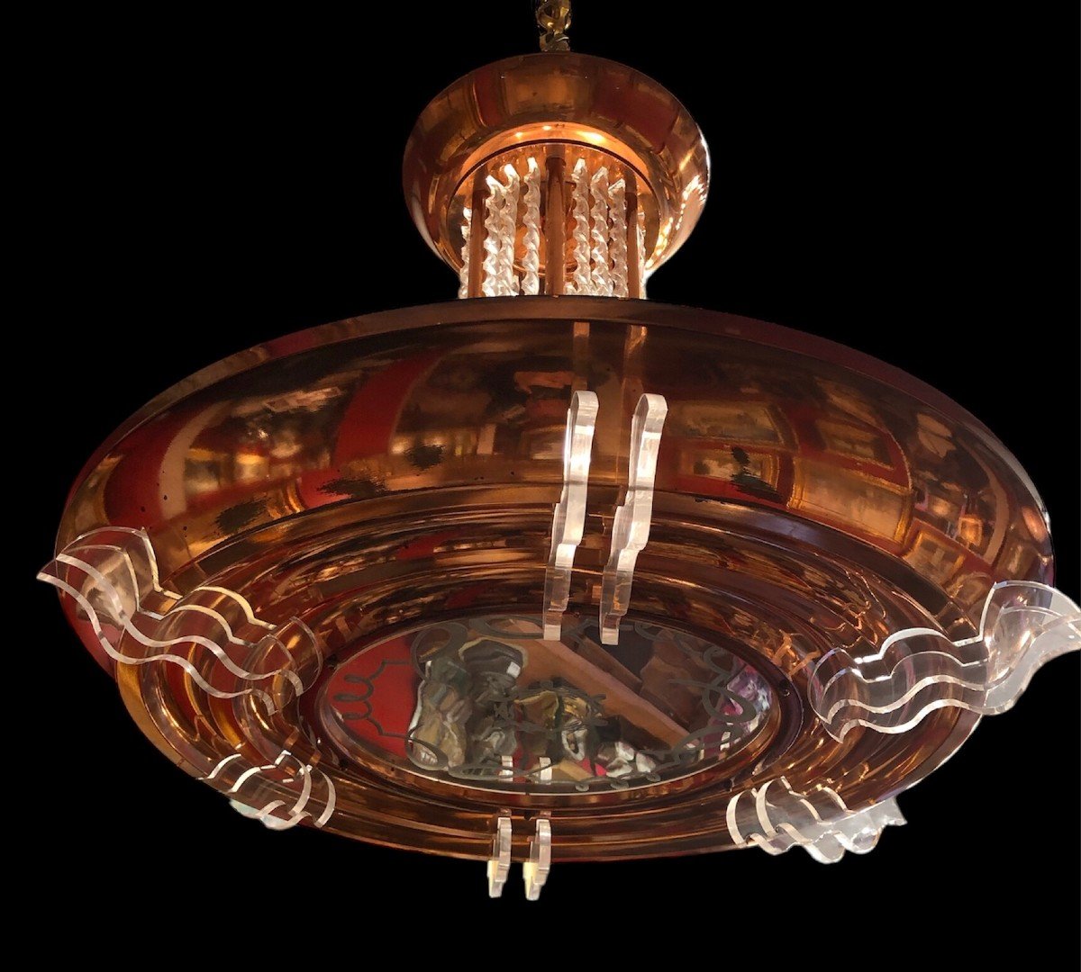 Lustre Art Déco En Métal Cuivré Pendeloques 6 Lumières Années 1950-photo-4