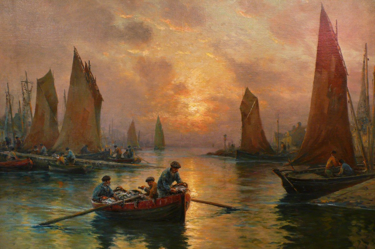Maroniez Georges French Painting End Of 19th Century Return Of The Fishermen Oil Canvas Signed Certificate-photo-3