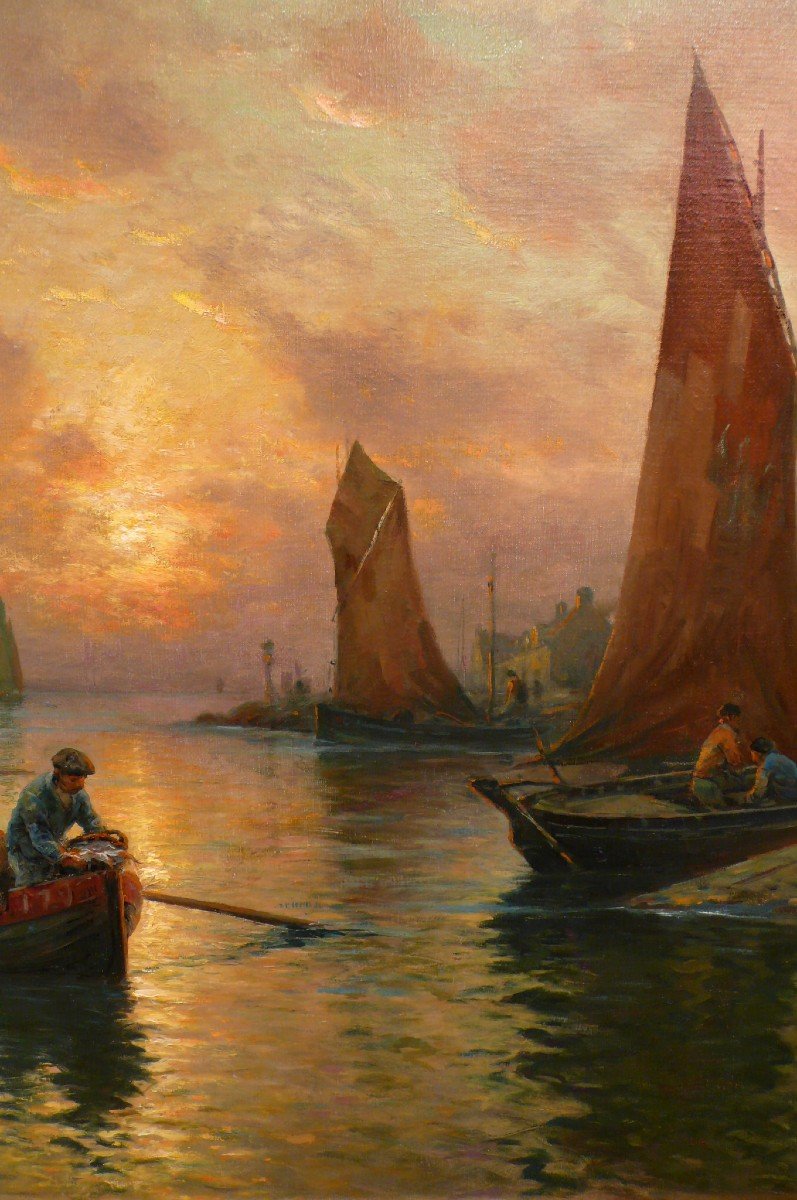Maroniez Georges French Painting End Of 19th Century Return Of The Fishermen Oil Canvas Signed Certificate-photo-3