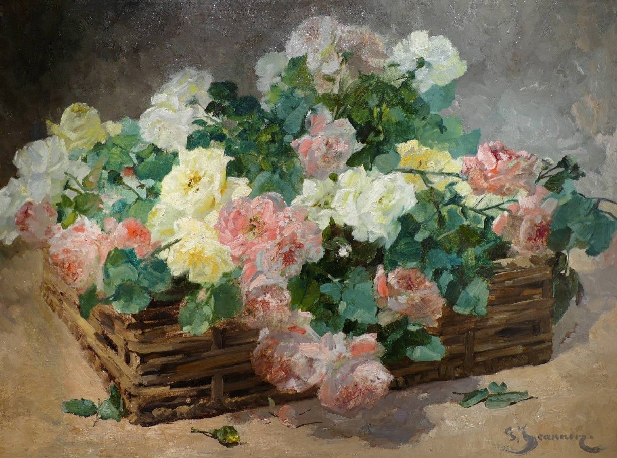 Jeannin Georges French Painting 19th Century Basket Of Roses Oil On Canvas Signed Certificate-photo-5