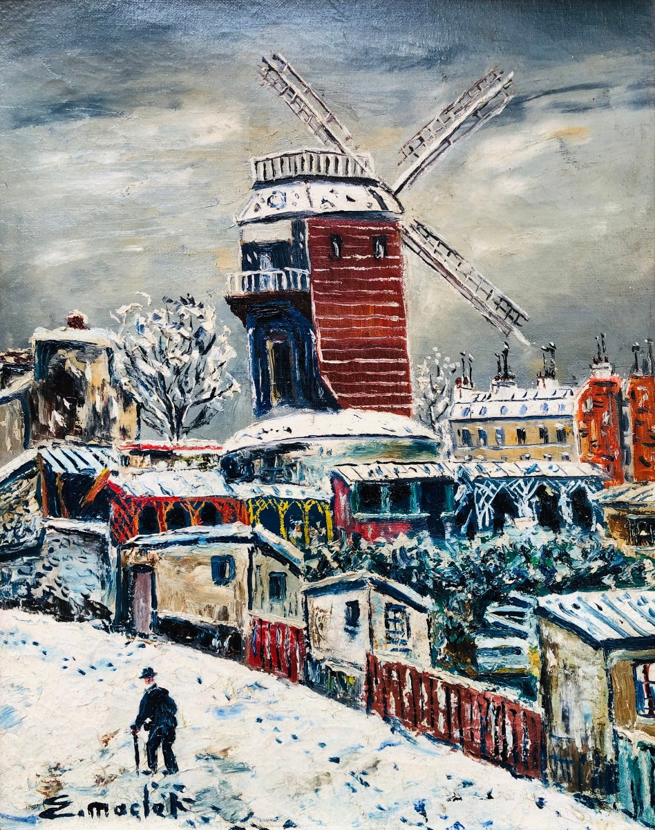 Maclet Elisée Tableau Français 20è Paris Montmartre Moulin De La Galette Sous La Neige Huile Si-photo-2