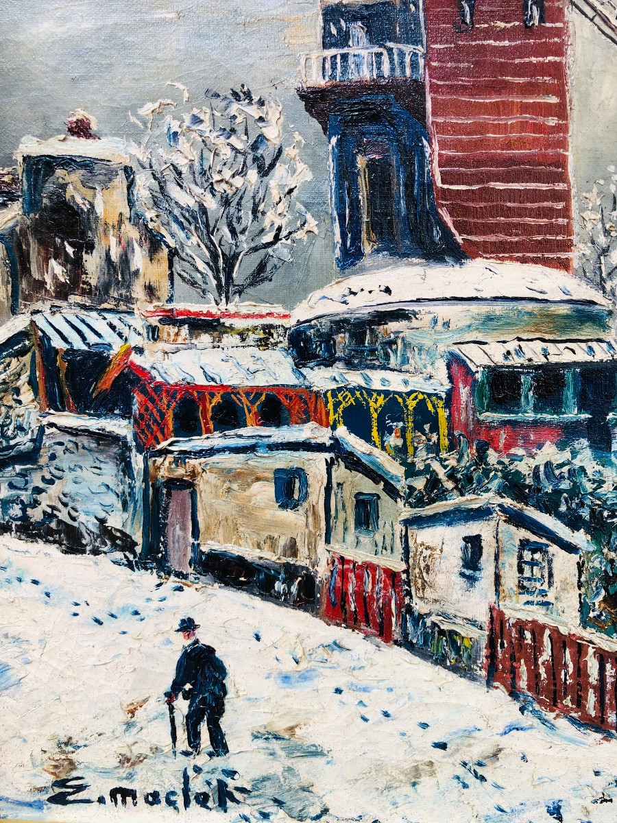 Maclet Elisée Tableau Français 20è Paris Montmartre Moulin De La Galette Sous La Neige Huile Si-photo-4