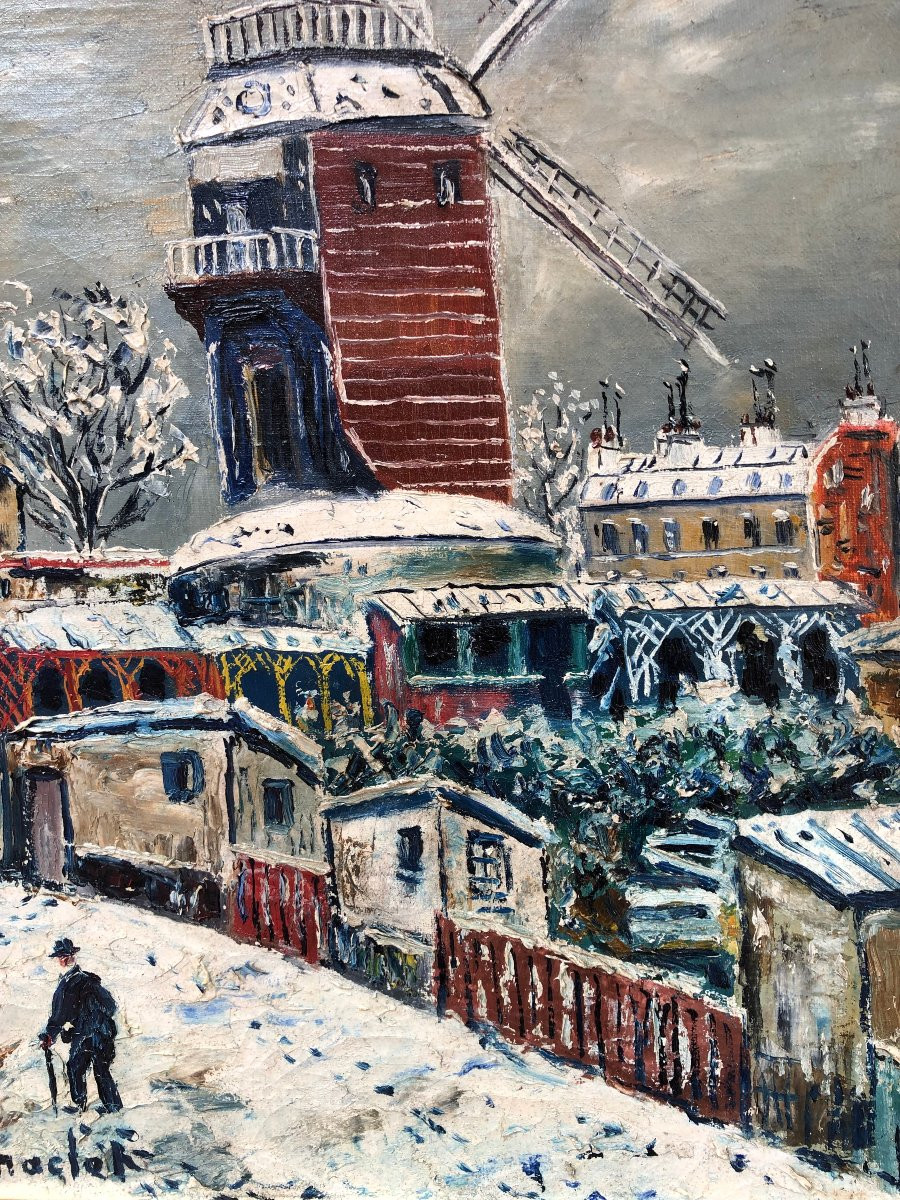Maclet Elisée Tableau Français 20è Paris Montmartre Moulin De La Galette Sous La Neige Huile Si-photo-2