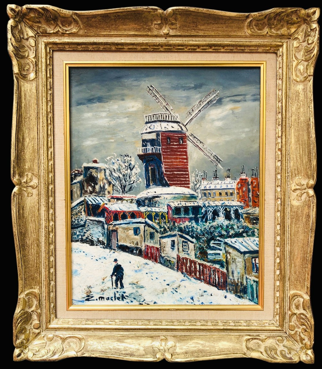 Maclet Elisée Tableau Français 20è Paris Montmartre Moulin De La Galette Sous La Neige Huile Si-photo-4