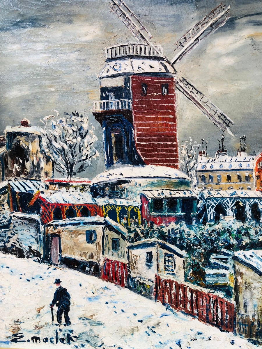 Maclet Elisée Tableau Français 20è Paris Montmartre Moulin De La Galette Sous La Neige Huile Si-photo-1