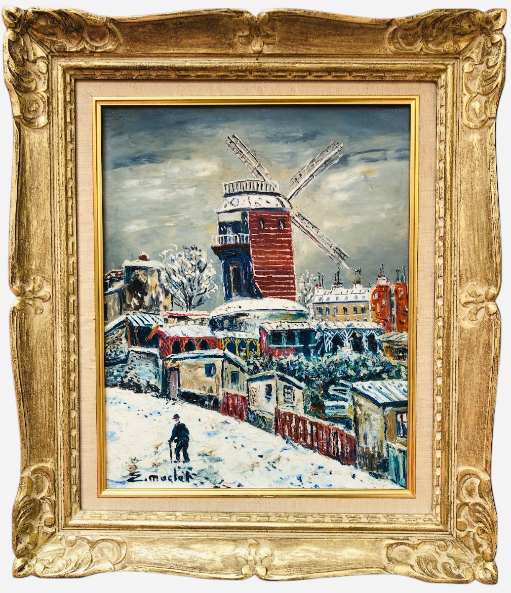 Maclet Elisée Tableau Français 20è Paris Montmartre Moulin De La Galette Sous La Neige Huile Si