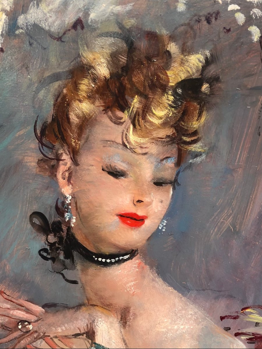 Domergue Jean Gabriel Painting 20th Century Young Pensive Woman Oil On Isorel Signed Willer Archives-photo-4