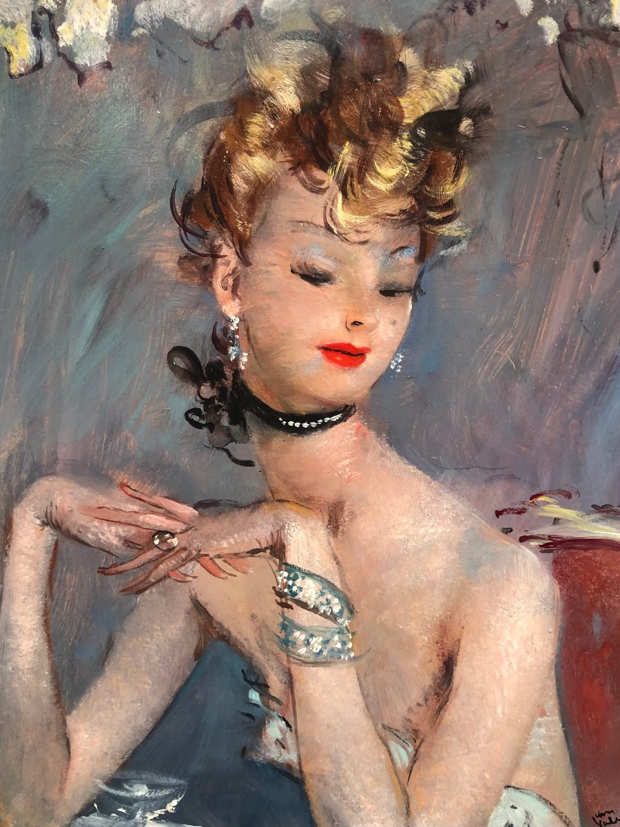 Domergue Jean Gabriel Painting 20th Century Young Pensive Woman Oil On Isorel Signed Willer Archives-photo-1