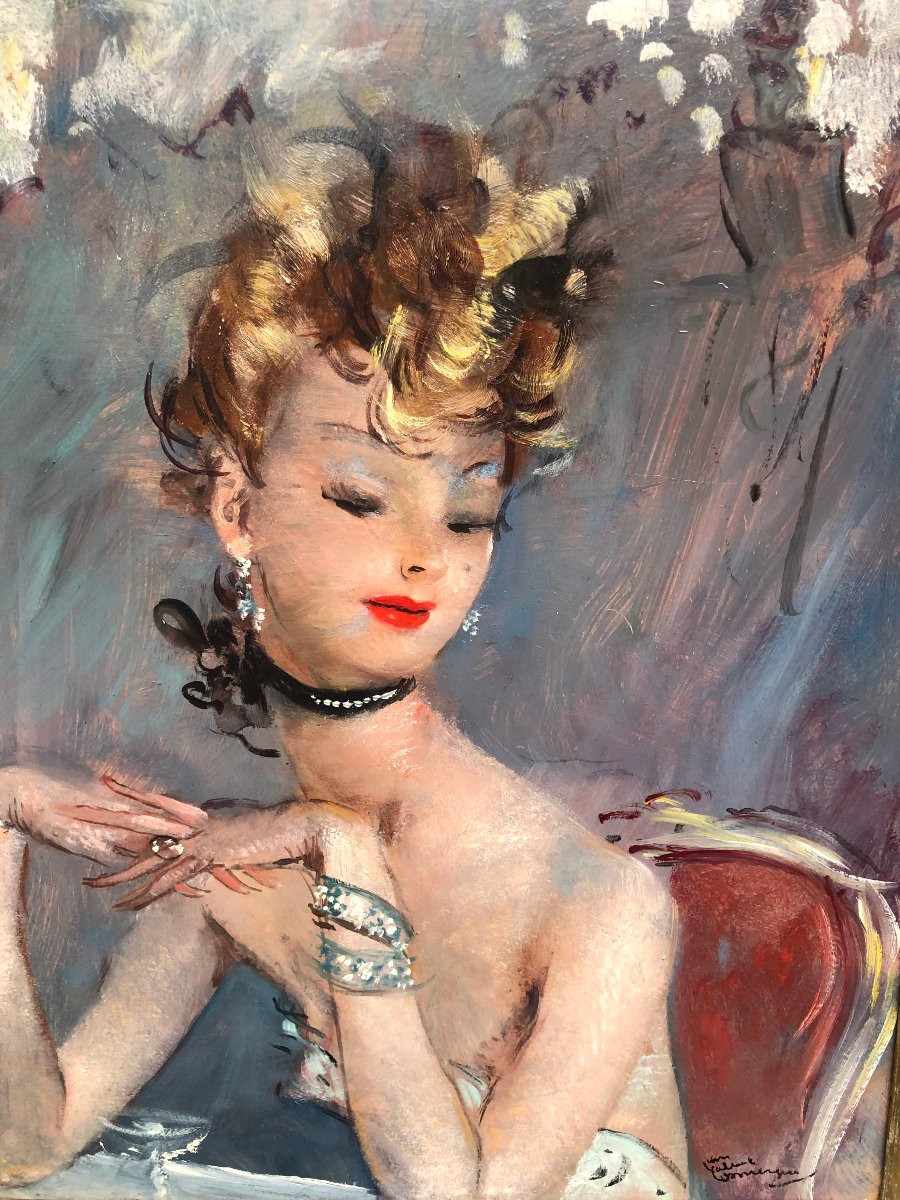 Domergue Jean Gabriel Painting 20th Century Young Pensive Woman Oil On Isorel Signed Willer Archives-photo-2