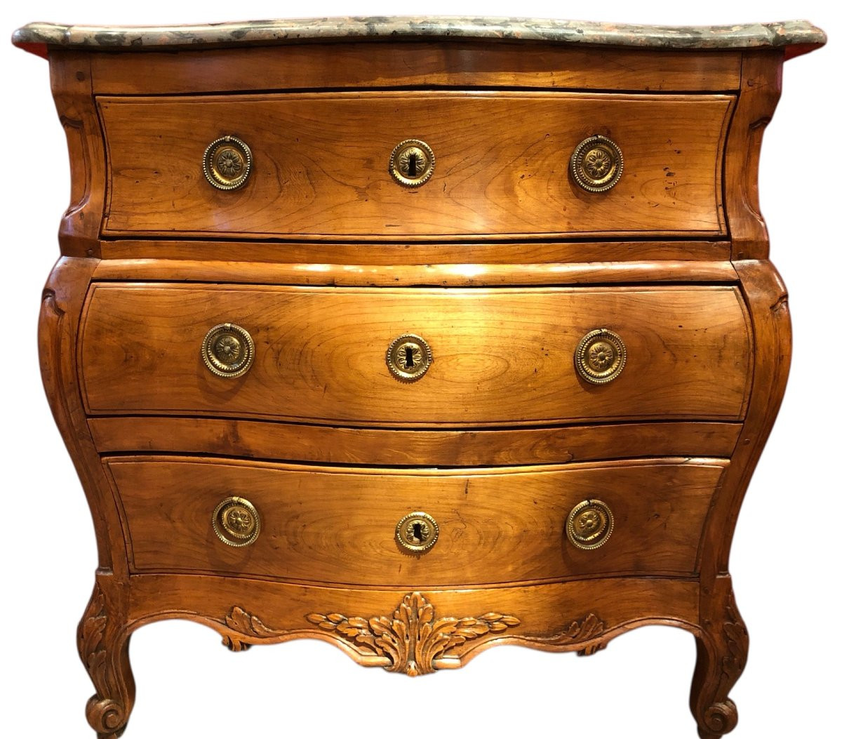 18th Century Chest Of Drawers In Natural Wood With Three Drawers And Curved Legs And Marble Top-photo-4