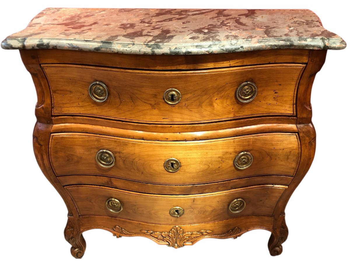 18th Century Chest Of Drawers In Natural Wood With Three Drawers And Curved Legs And Marble Top-photo-1