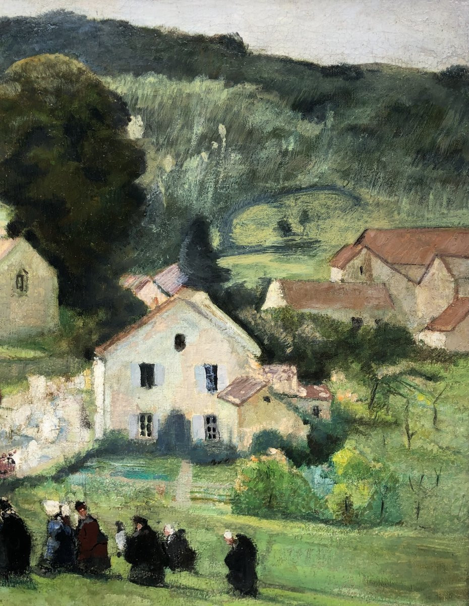 Herve Jules French Painting 20th Langres Procession At Brevoines Oil Canvas Signed Certificate-photo-3