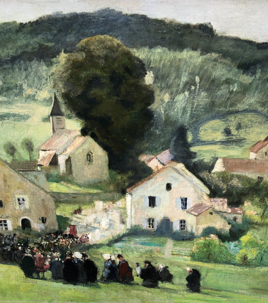 Herve Jules French Painting 20th Langres Procession At Brevoines Oil Canvas Signed Certificate-photo-4