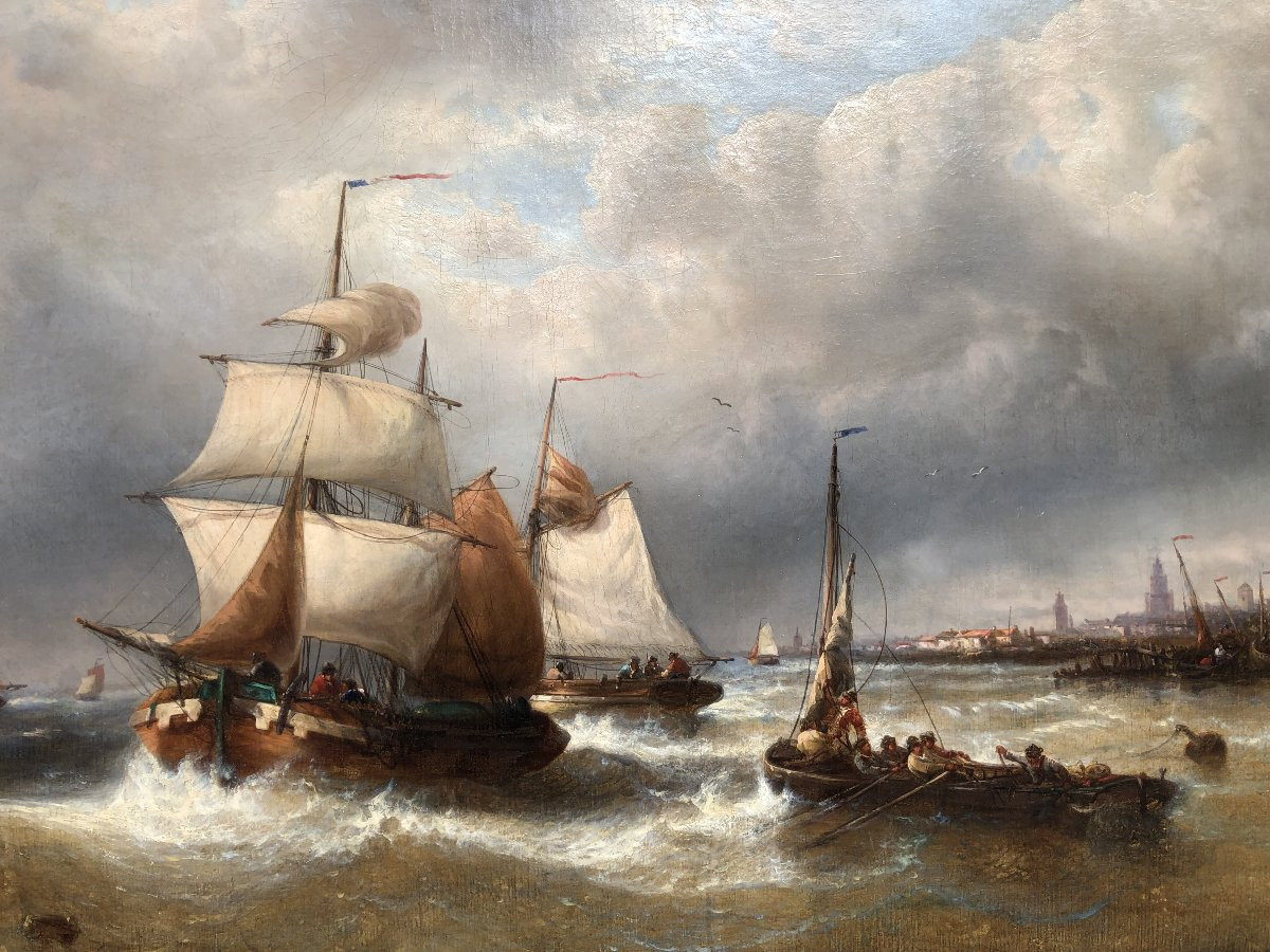 MUSIN François Ecole Belge 19è Marine Navires Quittant Le Port Huile sur Toile SignéeCertificat-photo-4