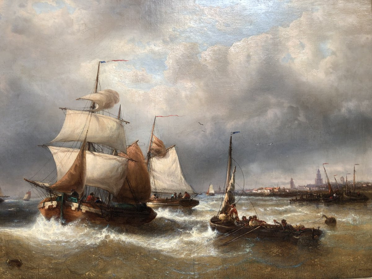 MUSIN François Ecole Belge 19è Marine Navires Quittant Le Port Huile sur Toile SignéeCertificat-photo-1