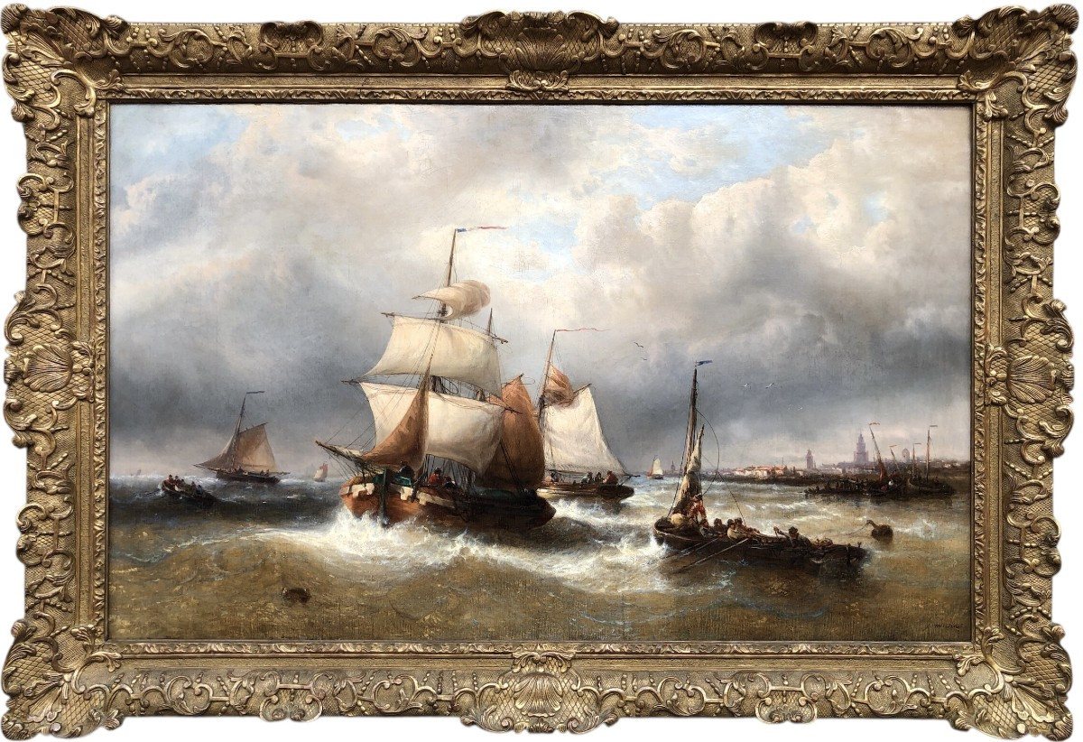 MUSIN François Ecole Belge 19è Marine Navires Quittant Le Port Huile sur Toile SignéeCertificat