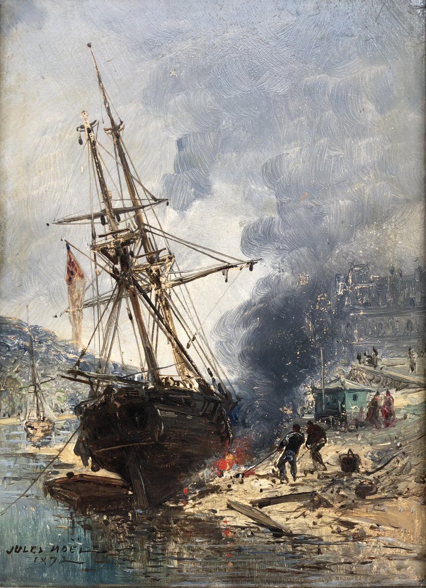 NOEL Jules Voilier en cale 1872 Huile Sur panneau Signée Datée Certificat d'Authenticité-photo-2