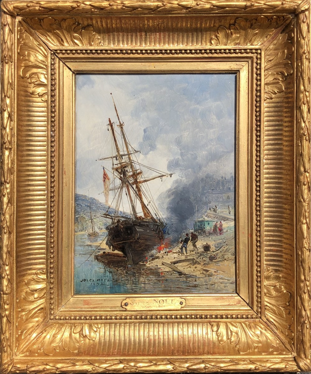 NOEL Jules Ecole Française 19è Voilier en cale 1872 Huile panneauSignéeCertificatd'authenticité