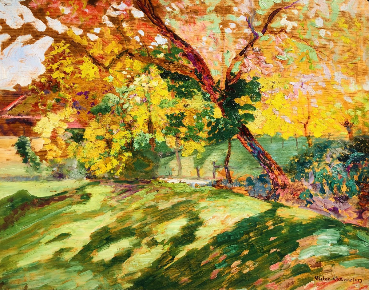 Charreton Victor French School 20th Century Sunny Landscape Oil On Panel Signed-photo-2