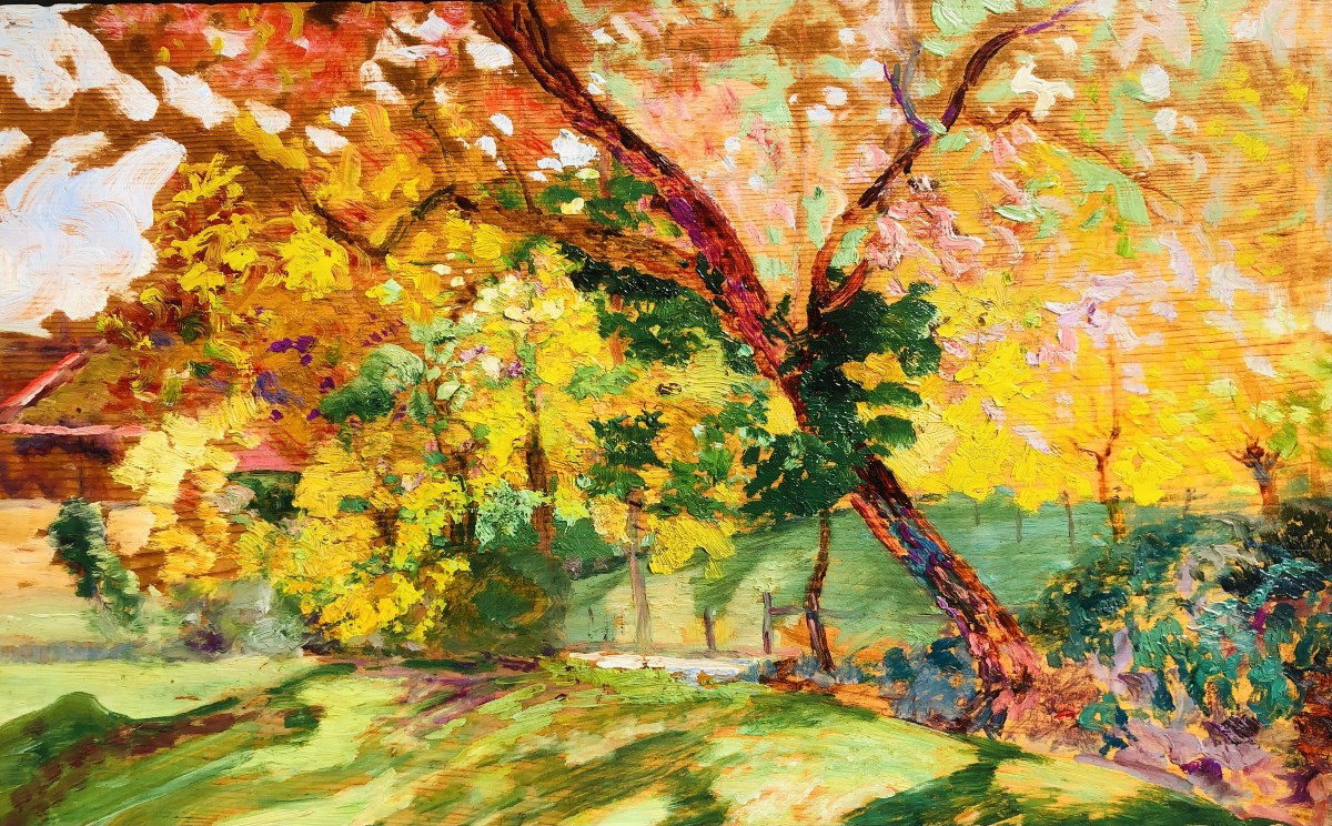 Charreton Victor French School 20th Century Sunny Landscape Oil On Panel Signed-photo-3