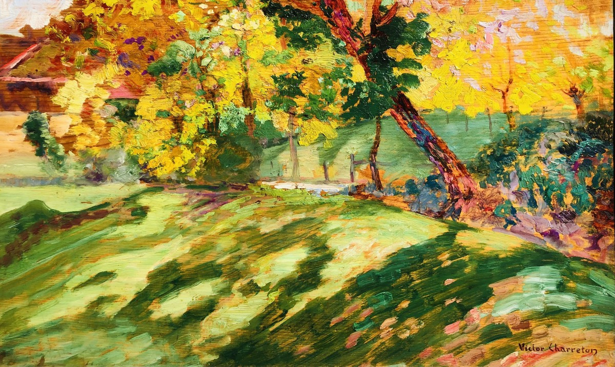 Charreton Victor French School 20th Century Sunny Landscape Oil On Panel Signed-photo-4