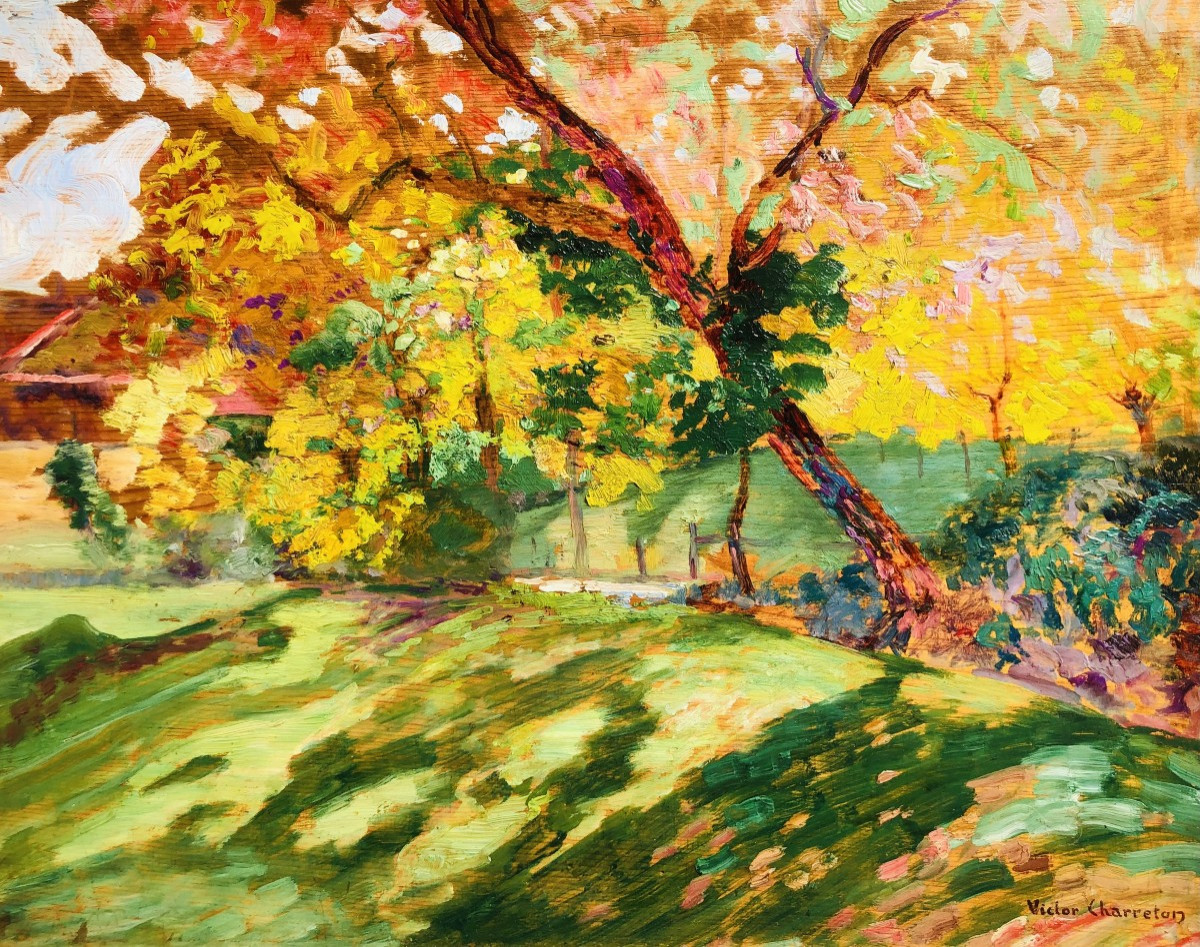 Charreton Victor French School 20th Century Sunny Landscape Oil On Panel Signed-photo-3