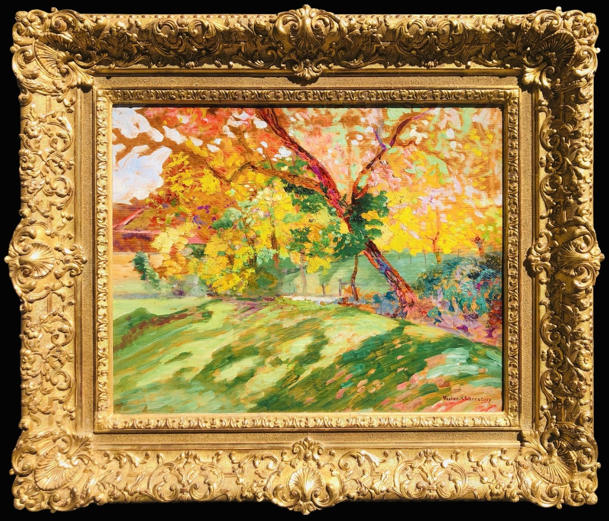 Charreton Victor French School 20th Century Sunny Landscape Oil On Panel Signed-photo-5