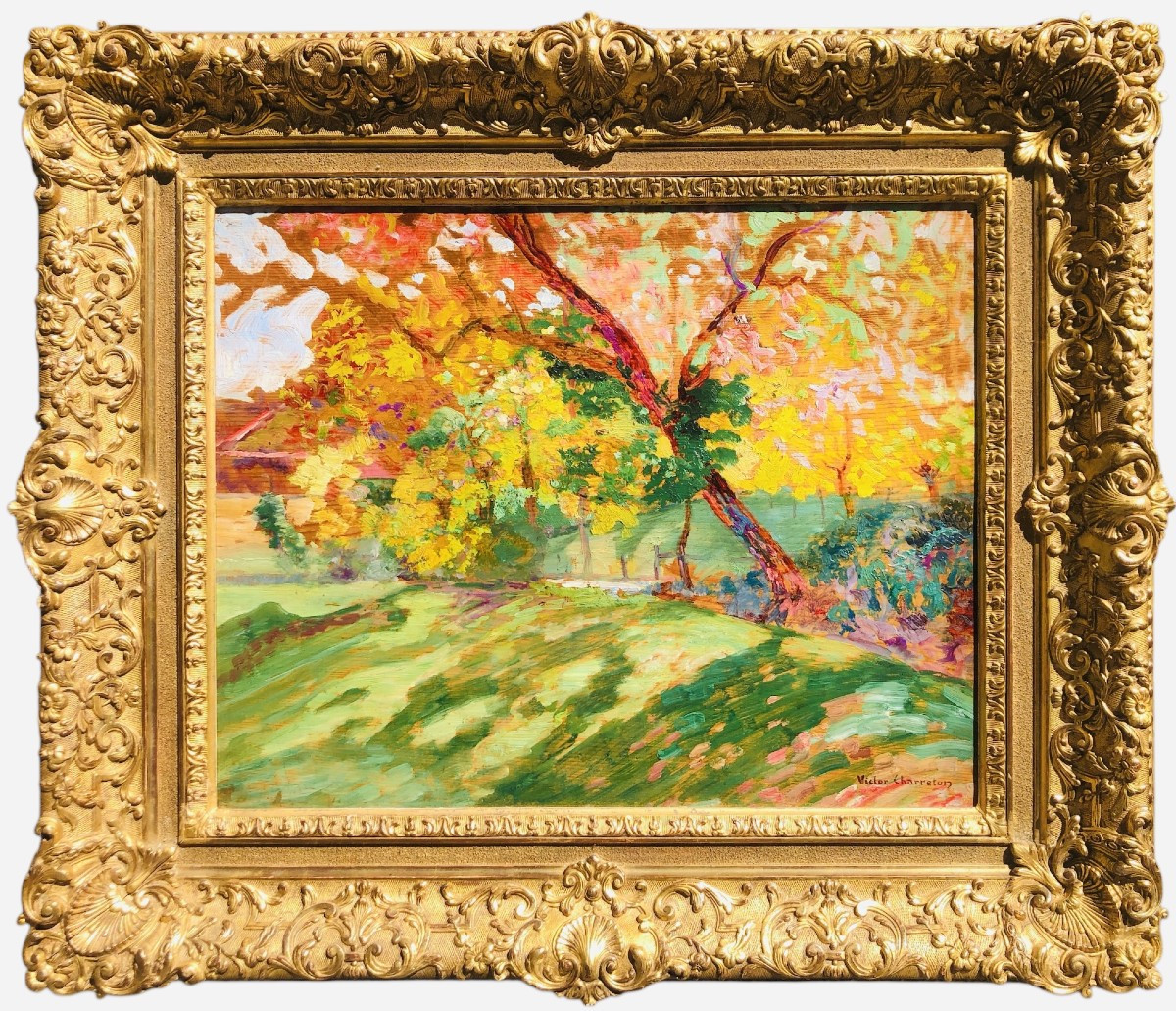 Charreton Victor French School 20th Century Sunny Landscape Oil On Panel Signed