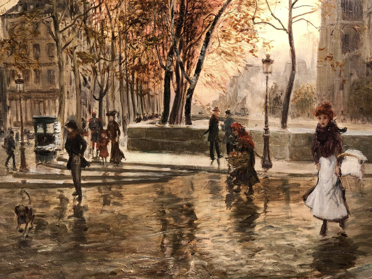 STEIN Georges Paris Animation à Notre Dame depuis les quais Huile Sur Toile Signée Certificat-photo-2