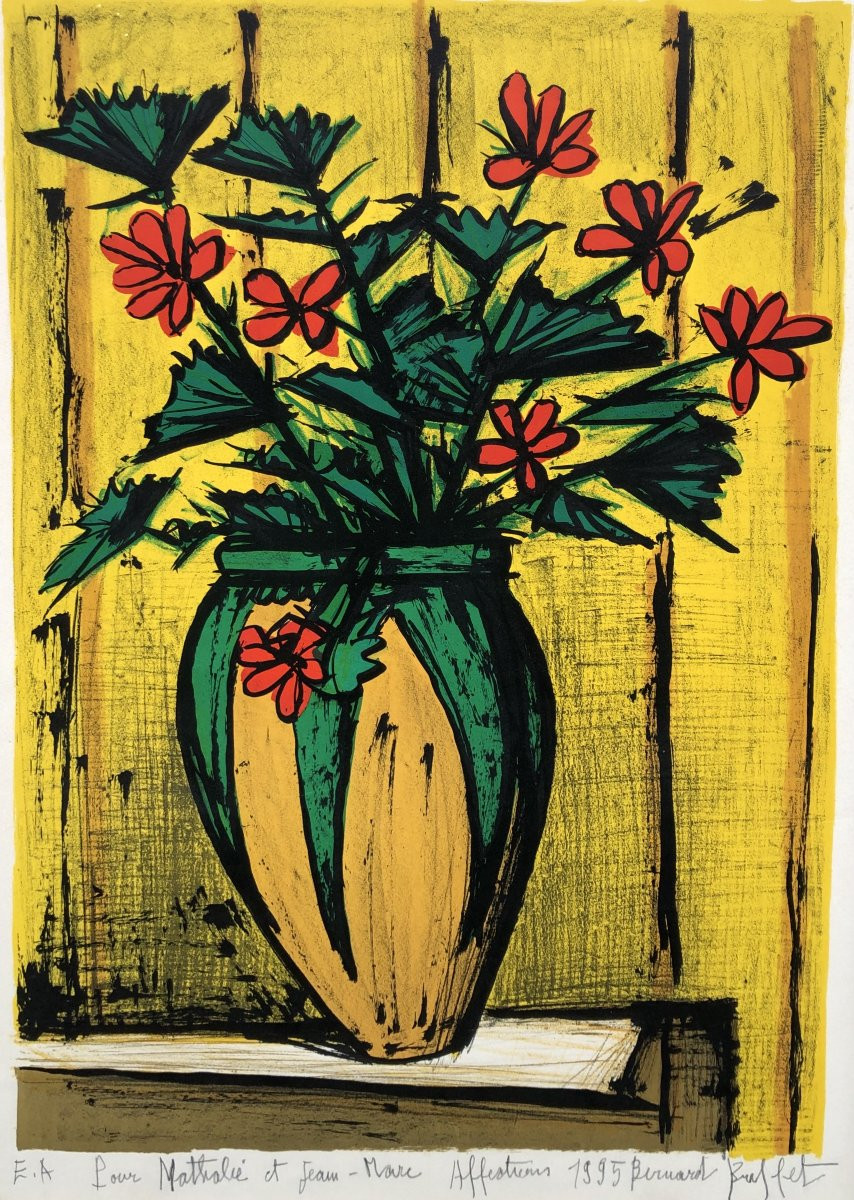 BUFFET Bernard Bouquet Fleurs Dans Potiche Lithographie Couleurs Signéecertificatd’authenticité-photo-2