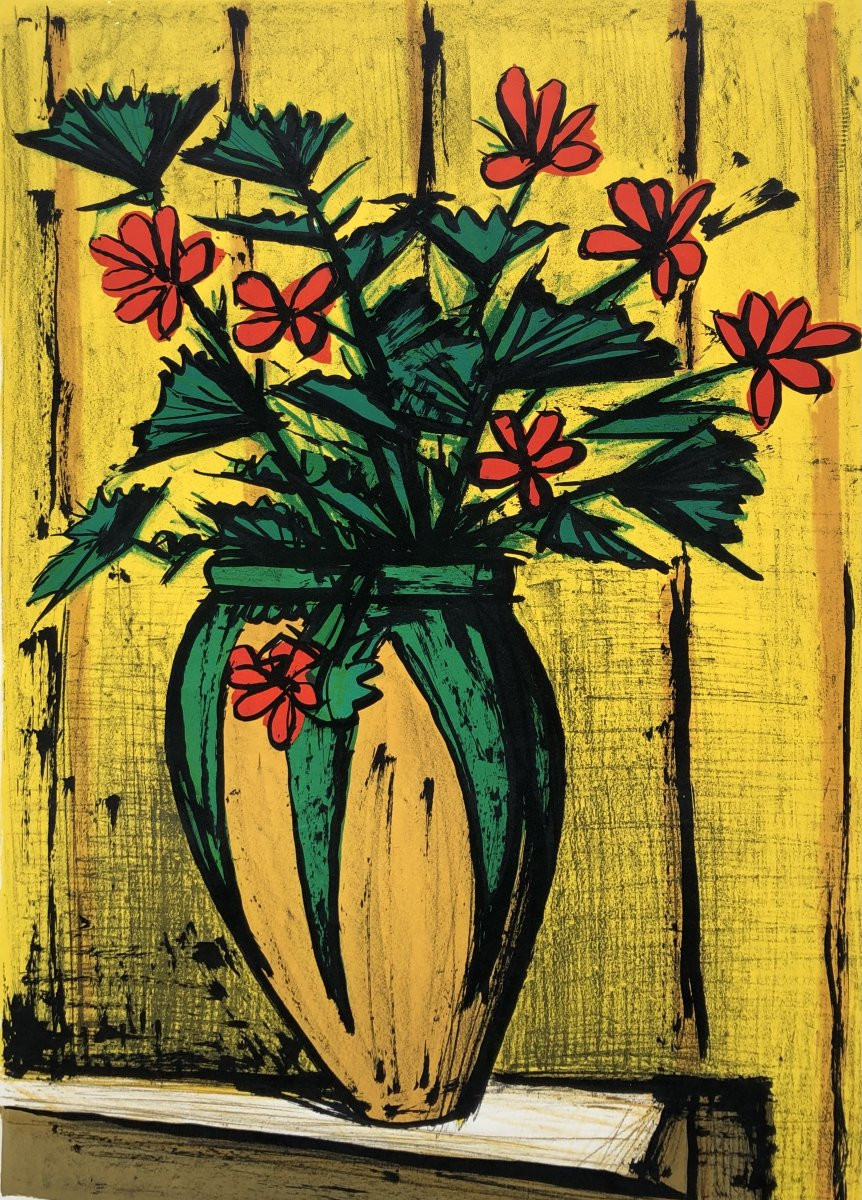 BUFFET Bernard Bouquet Fleurs Dans Potiche Lithographie Couleurs Signéecertificatd’authenticité-photo-3